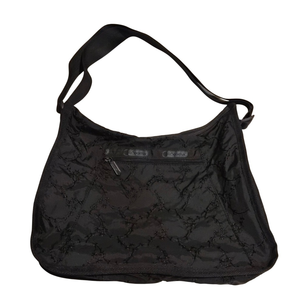 LeSportsac Black Embroidered Floral Nylon Hobo Shoulder Bag Crossbody